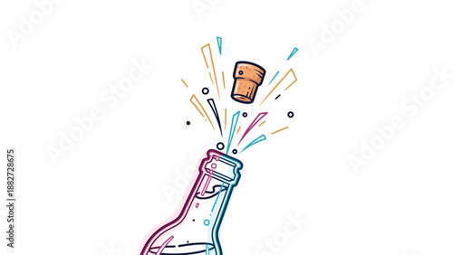 Sparkling celebration bottle with a cork popping off amidst colorful confetti and bubbles against a minimalist white background.