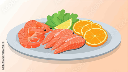 A plate of seafood, citrus slices, and greens