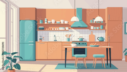 A sunlit kitchen with a turquoise fridge and orange cabinets, featuring a dining island