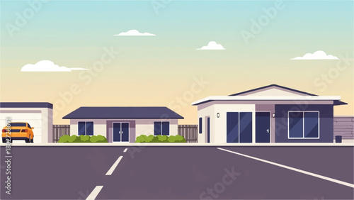 A suburban street with houses, a car, and a clear sky