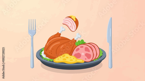 A festive plate of roasted chicken, sliced ham, cheese, and salad