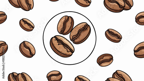 A pattern of brown coffee beans scattered on a white background, with three beans in a circle