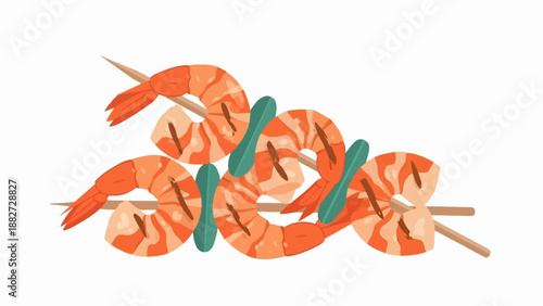 A colorful illustration of four grilled shrimp skewers with green garnish