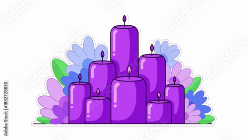 A cluster of purple candles with flickering flames, surrounded by floral elements