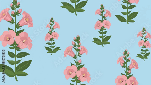 A pattern of delicate pink bell-shaped flowers with green leaves on a light blue background