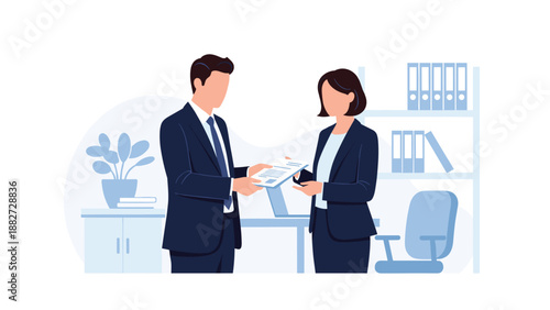 Two business professionals in navy suits exchange important documents while standing in a modern office with folders on a shelf.