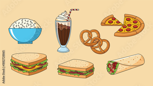 Diverse collection of various food items including a bowl of rice, chocolate milkshake, pizza, pretzel, sandwiches, and a burrito.