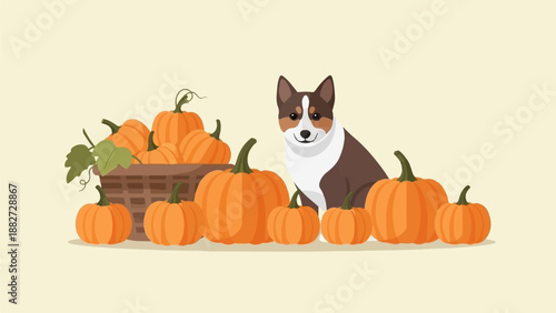 A cute dog sits among a bounty of pumpkins, some in a basket