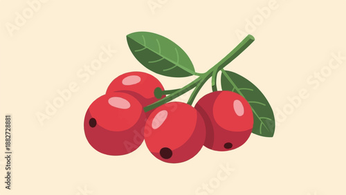 A cluster of bright red berries with green leaves on a stem