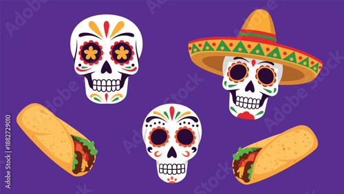 Festive Mexican Day of the Dead graphic with three decorated sugar skulls, two burritos, and a sombrero on a purple background.