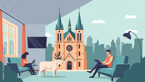 A surreal indoor scene features a building and people with a deer
