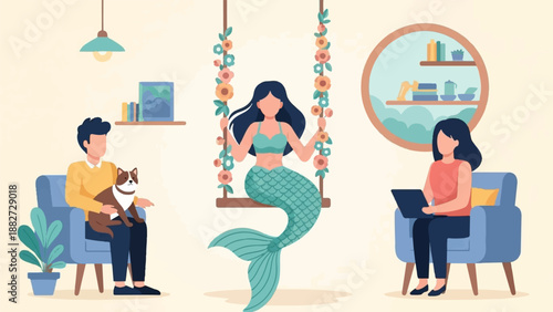 A surreal indoor scene with a man holding a cat, a mermaid on a floral swing, and a woman on a laptop