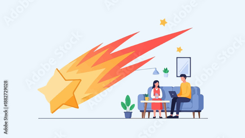 A fiery comet streaks past a couple relaxing indoors with a laptop and book