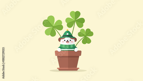 A cute dog wearing a green hat and scarf emerges from a pot with shamrocks