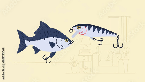A fish faces a fishing lure in a room with furniture