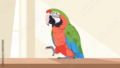 A colorful parrot with green, red, and blue feathers perches on a wooden surface