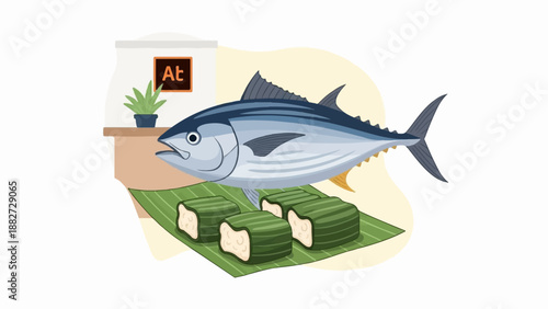 A large tuna fish is displayed above a presentation of four individually wrapped food items