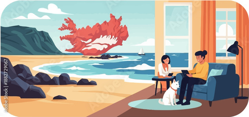 A surreal red coral cloud floats above a beach as people relax indoors