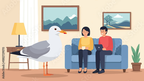 A large seagull stands indoors beside a sofa where a couple relaxes with coffee and a laptop