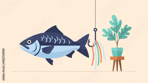 A fish is lured by a colorful bait hanging from a hook near a potted plant