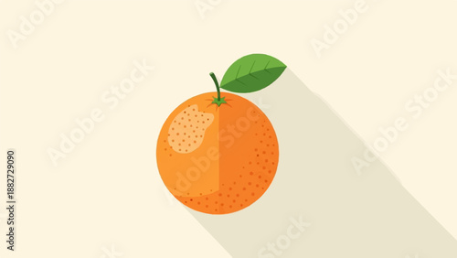 A flat design illustration of an orange with a stem and leaf, casting a long shadow