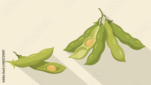 A flat design illustration of green edamame pods with visible beans on a cream background