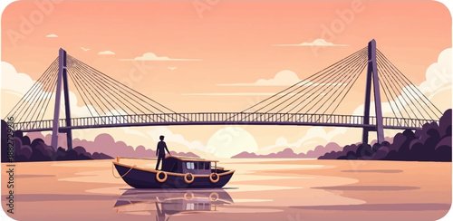A single figure stands on a boat as a bridge spans across a tranquil, hazy waterway