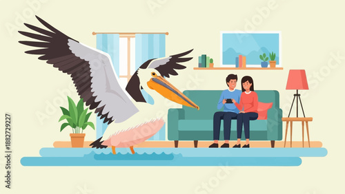 A pelican enters a living room where a couple is playing video games on a couch
