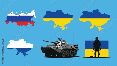 Informational graphic about the Russia-Ukraine war featuring maps, a flag, a military tank, and a silhouette of a soldier.