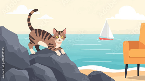 A tabby cat rests on rocks by the ocean, with a sailboat in the distance and an armchair on the beach