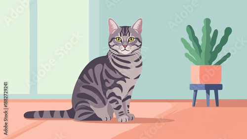 A tabby cat sits serenely indoors next to a potted plant and window
