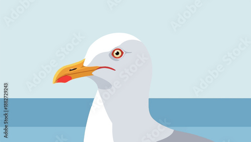 A close-up, stylized illustration of a seagull's head and neck against a soft blue background