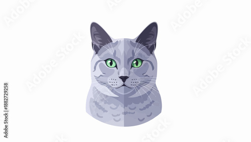 A close-up portrait of a grey cat with striking green eyes