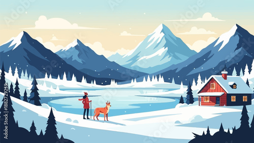 A person and a deer on a snowy mountain lake, with a cabin