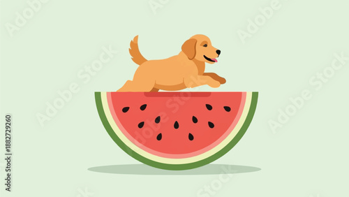 A playful golden retriever jumps over a slice of juicy watermelon