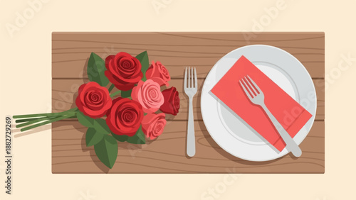A table setting for a romantic meal with a bouquet of roses
