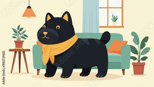 A plump black cat wearing a yellow scarf stands indoors