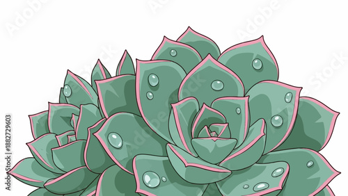 A close-up of a stylized succulent plant with water droplets on its leaves
