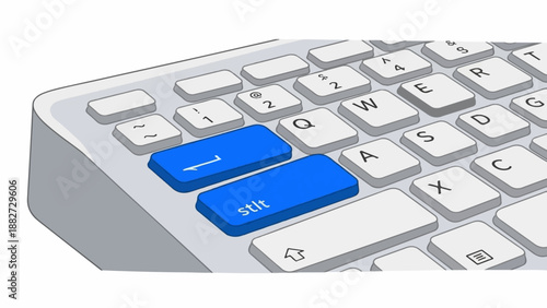 A close-up of a simplified computer keyboard with blue accent keys