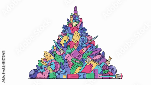A colorful, stylized pile of cosmetics and beauty products