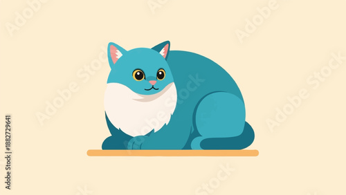 A plump, blue cartoon cat with yellow eyes rests on a flat surface