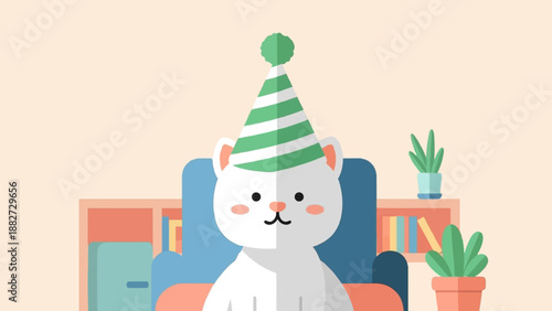 A cute, white, cartoon cat wearing a festive party hat sits on a blue armchair