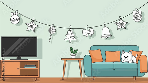 A cute white dog rests on a turquoise couch in a decorated room