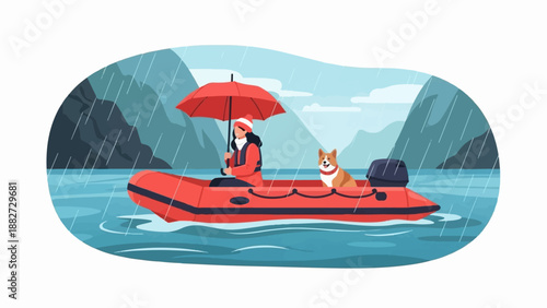 A person and dog in a red boat under an umbrella in the rain