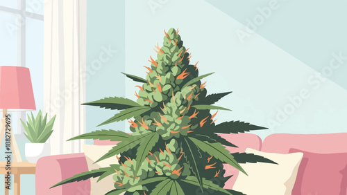 A close-up of a cannabis plant with orange pistils and green leaves indoors