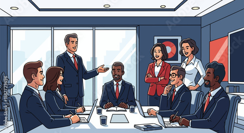 Diverse business team collaborating in corporate boardroom meeting