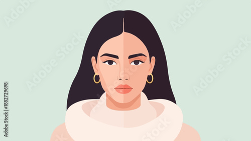 A portrait of a woman with dark hair, wearing hoop earrings and a beige sweater