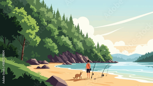 A person and their dog enjoy a peaceful fishing trip on a sandy beach