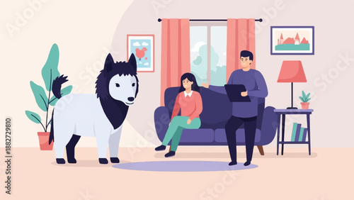 A fluffy husky stands near a couch where a couple sits, a man holding a tablet