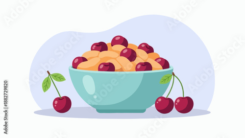 A light blue bowl filled with cereal and cherries, with cherries on the side